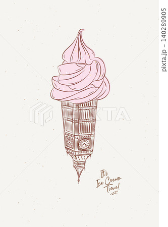 London clock tower reimagined as surreal ice cream cone poster with lettering drawing on beige background 140289905