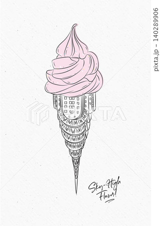 New York building reimagined as surreal ice cream cone poster with lettering drawing on watercolor paper background New York building reimagined as surreal ice cream cone poster with lettering drawing on watercolor paper background 140289906