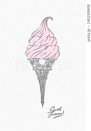 Eiffel Tower reimagined as surreal ice cream cone poster with lettering drawing on watercolor paper background Eiffel Tower reimagined as surreal ice cream cone poster with lettering drawing on watercolor paper background 140289908