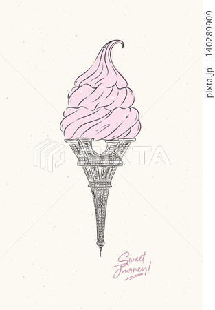 Eiffel Tower reimagined as surreal ice cream cone poster with lettering drawing on beige background 140289909