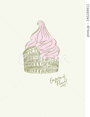 Colosseum reimagined as surreal ice cream cone poster with lettering drawing on beige background 140289911