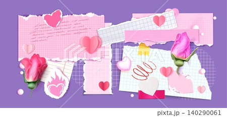 Cute scrapbook paper collage with heart, roses Cute scrapbook paper collage with heart, roses 140290061