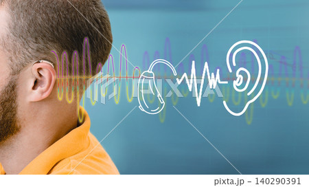 Advertising hearing solution. Hearing test, sound waves showing modern deafness diagnostic over male ear with BTE hearing aid 140290391