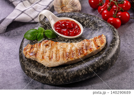 Grilled Chicken Breast with Ketchup and Basil Grilled Chicken Breast with Ketchup and Basil 140290689