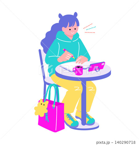 カフェでノートに書き込む若い女性のイラスト　勉強・手帳・スマイル 140290718