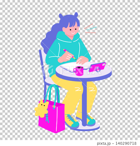 An illustration of a young woman writing in a notebook at a cafe. (Themes: studying, journaling, smile) An illustration of a young woman writing in a notebook at a cafe. (Themes: studying, journaling, smile) 140290718