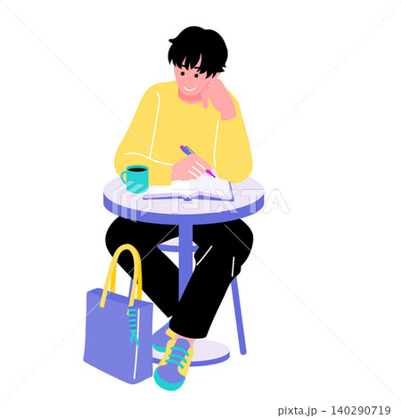 カフェでノートを書く若い男性のイラスト　勉強・考える・ひとり作業 140290719