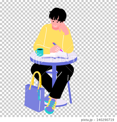 カフェでノートを書く若い男性のイラスト　勉強・考える・ひとり作業 140290719