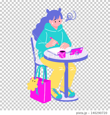 An illustration of a woman troubled in a cafe: confused, stressed, and stuck in her studies. 140290720