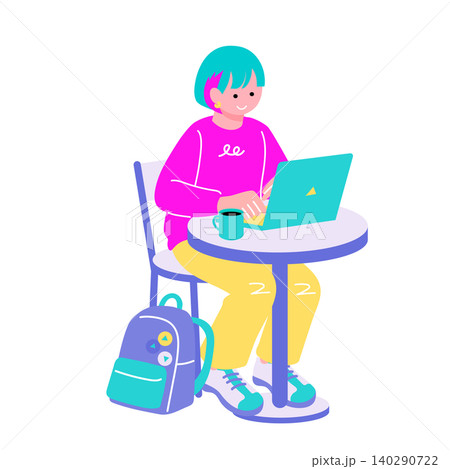 カフェでノートパソコンを使う若い女性のイラスト フリーランス・リモートワーク・集中 カフェでノートパソコンを使う若い女性のイラスト フリーランス・リモートワーク・集中 140290722