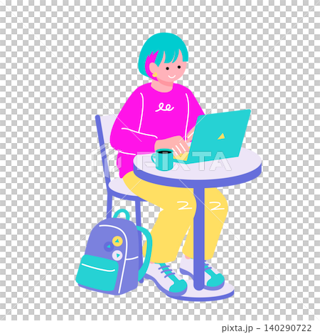 カフェでノートパソコンを使う若い女性のイラスト フリーランス・リモートワーク・集中 カフェでノートパソコンを使う若い女性のイラスト フリーランス・リモートワーク・集中 140290722