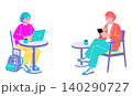 カフェで作業するふたりのイラスト ノートパソコンとスマホ・リモートワーク・Z世代 カフェで作業するふたりのイラスト ノートパソコンとスマホ・リモートワーク・Z世代 140290727