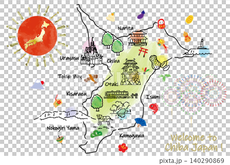 千葉縣旅遊景點的可愛手繪插圖地圖 140290869