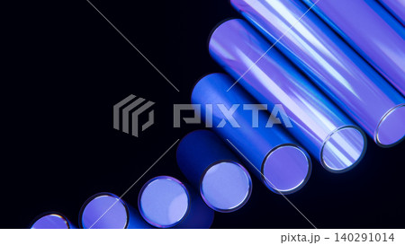 Blue Glass Cylinders Diagonal Array Iridescent Black Background 3D Render 140291014