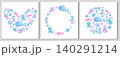 A set of decorative frames and backgrounds with cute cartoon sea animals on a white background. Whale, jellyfish, octopus, fish, seahorse, turtle, crab. Children's vector illustration for the design  140291214