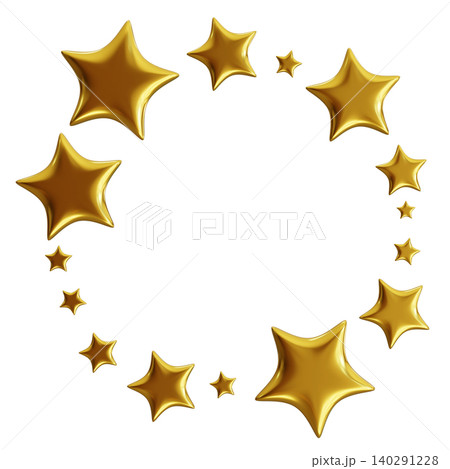 Gold stars are arranged in a round shape on a clear background. The stars vary in size and appear three dimensional. The design emphasizes a cut-out style with no other objects present Gold stars are arranged in a round shape on a clear background. The stars vary in size and appear three dimensional. The design emphasizes a cut-out style with no other objects present 140291228