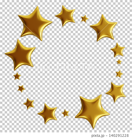 Gold stars are arranged in a round shape on a clear background. The stars vary in size and appear three dimensional. The design emphasizes a cut-out style with no other objects present Gold stars are arranged in a round shape on a clear background. The stars vary in size and appear three dimensional. The design emphasizes a cut-out style with no other objects present 140291228