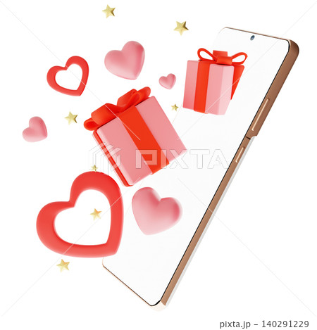 A smartphone is displayed with three-dimensional presents and hearts floating around it on a clear background. This scene represents celebration, love, and gifting moments 140291229