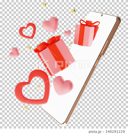 A smartphone is displayed with three-dimensional presents and hearts floating around it on a clear background. This scene represents celebration, love, and gifting moments 140291229