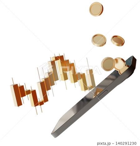 Smartphone displays a bar graph along with coins floating above it. This shows an analysis of financial trends in a digital format. The background is clear 140291230