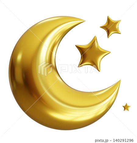 A gold crescent moon is shown with three golden stars on a clear background. The shapes are cut out and display a shiny, three-dimensional effect 140291296
