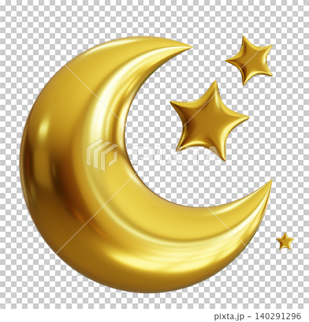 A gold crescent moon is shown with three golden stars on a clear background. The shapes are cut out and display a shiny, three-dimensional effect 140291296