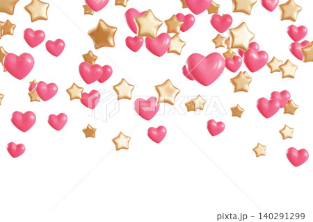 Hearts and stars drop in a lively way from above against a clear background. This scene gives a sense of celebration and fun. The shapes float freely. Festive header, top border 140291299