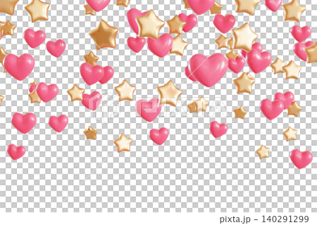 Hearts and stars drop in a lively way from above against a clear background. This scene gives a sense of celebration and fun. The shapes float freely. Festive header, top border 140291299