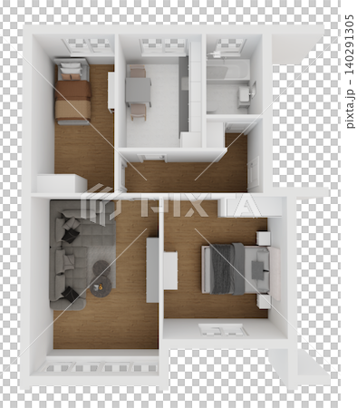Top view of apartment or house layout. It includes three rooms and a living area. The layout features clear spaces for furniture and paths. Rooms are organized in a simple way Top view of apartment or house layout. It includes three rooms and a living area. The layout features clear spaces for furniture and paths. Rooms are organized in a simple way 140291305