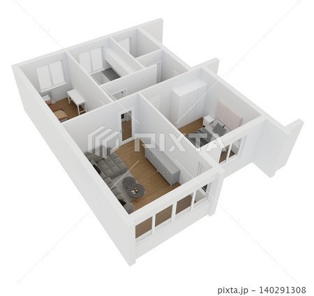 Top view of apartment with furniture placed in various sections. Each area contains different items such as a sofa, table, and beds arranged neatly Top view of apartment with furniture placed in various sections. Each area contains different items such as a sofa, table, and beds arranged neatly 140291308