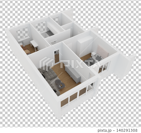 Top view of apartment with furniture placed in various sections. Each area contains different items such as a sofa, table, and beds arranged neatly Top view of apartment with furniture placed in various sections. Each area contains different items such as a sofa, table, and beds arranged neatly 140291308