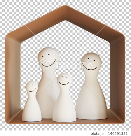 Four simple family figures stand inside a cut-out house shape. They are all smiling and made from wood. The background is clear, highlighting their design and arrangement Four simple family figures stand inside a cut-out house shape. They are all smiling and made from wood. The background is clear, highlighting their design and arrangement 140291321