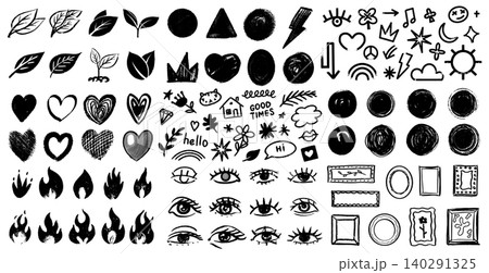 Big collection of hand drawn isolated design elements.Leaves, hearts, fire and frames Doodle sketchy Big collection of hand drawn isolated design elements.Leaves, hearts, fire and frames Doodle sketchy 140291325