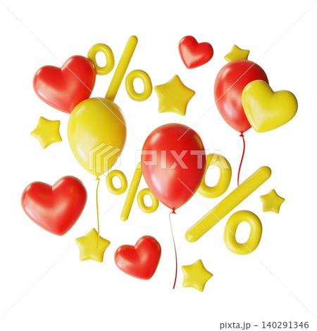 Balloons in red and yellow shapes along with stars, hearts, and percentage symbols appear isolated on a clear background. The scene suggests celebration and happiness. Sale theme Balloons in red and yellow shapes along with stars, hearts, and percentage symbols appear isolated on a clear background. The scene suggests celebration and happiness. Sale theme 140291346