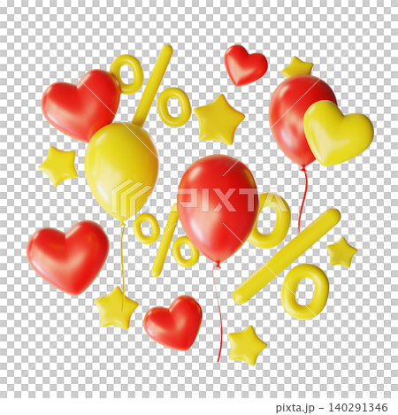 Balloons in red and yellow shapes along with stars, hearts, and percentage symbols appear isolated on a clear background. The scene suggests celebration and happiness. Sale theme Balloons in red and yellow shapes along with stars, hearts, and percentage symbols appear isolated on a clear background. The scene suggests celebration and happiness. Sale theme 140291346