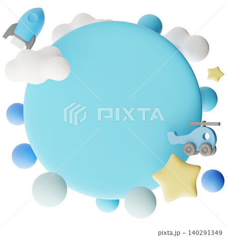 Circle design focuses on a boy theme with cut out shapes of a rocket, a helicopter, stars, and clouds. The design offers space for additional text. It is bright and fun for children 140291349