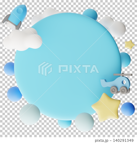 Circle design focuses on a boy theme with cut out shapes of a rocket, a helicopter, stars, and clouds. The design offers space for additional text. It is bright and fun for children 140291349