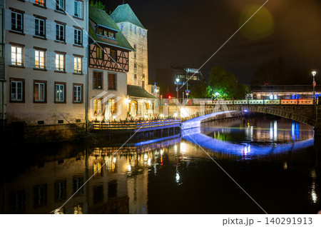 Strasbourg Night Bridge Glowing Blue LED Lights Canal 140291913