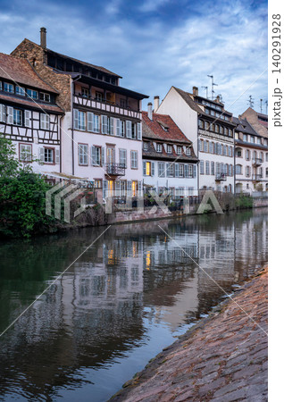 Dusk Canal Reflections Timbered Houses Cobblestone Walk Dusk Canal Reflections Timbered Houses Cobblestone Walk 140291928