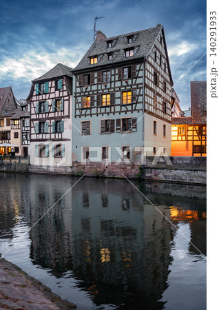 Corner Half-Timbered House Reflected in Canal Night 140291933