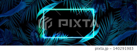 Neon tropical party frame with palm leaves Neon tropical party frame with palm leaves 140291983