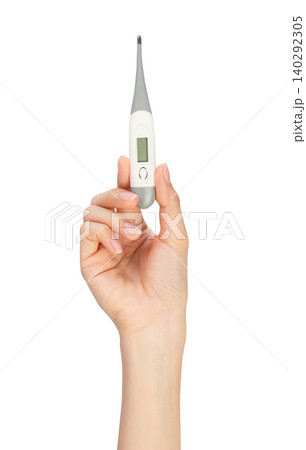Clipping path, Hand holding a digital thermometer on white background. Clipping path, Hand holding a digital thermometer on white background. 140292305