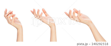 Clipping path, female hand is pointing, grasping and holding something isolated on white background. Clipping path, female hand is pointing, grasping and holding something isolated on white background. 140292318