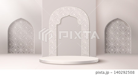 Elegant Ramadan podium with arch, islamic pattern 140292508