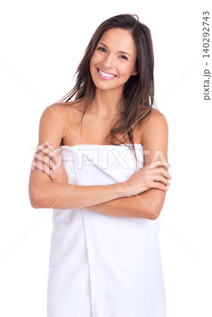Woman, portrait and shower with towel from spa, beauty or morning routine in studio. Skincare, smile and happy with body cleaning with arms crossed and dermatology with cosmetics and white background Woman, portrait and shower with towel from spa, beauty or morning routine in studio. Skincare, smile and happy with body cleaning with arms crossed and dermatology with cosmetics and white background 140292743