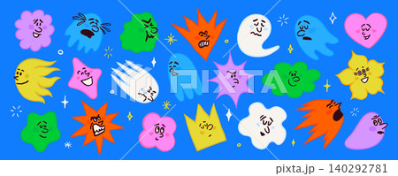 abstract shape characters with expressive faces with different emotions in doodle style. Character face set with varied moods and bold silhouettes. Great for stickers patterns backgrounds 140292781