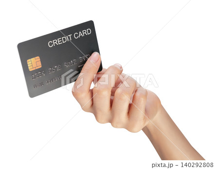Hand holding mockup credit card isolated on white background, modern design with clipping path 140292808