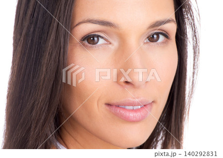 Portrait, beauty and aesthetic with confident woman in studio isolated on white background for wellness. Face, skincare or makeup and perfect aesthetic young person looking satisfied with dermatology Portrait, beauty and aesthetic with confident woman in studio isolated on white background for wellness. Face, skincare or makeup and perfect aesthetic young person looking satisfied with dermatology 140292831