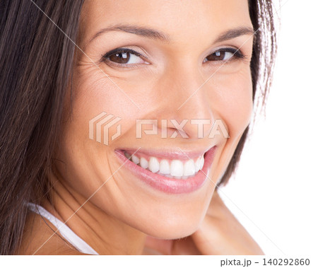 Portrait, beauty and happy with aesthetic woman in studio isolated on white background for wellness. Smile, skincare or makeup and face of natural young person looking satisfied with dermatology 140292860