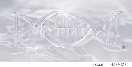 Transparent liquid glass DNA helix strand structure on light white 3d background for scientific research presentation. Double spiral model with clear water texture. Medical genetics. 3D illustration 140293270